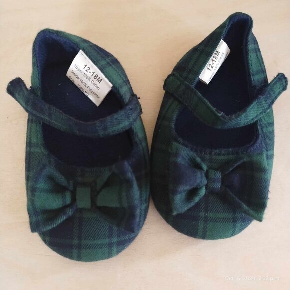 18-24month Tartan cotton Shoes with bow blue and green plaid maryjanes - Picture 2 of 6